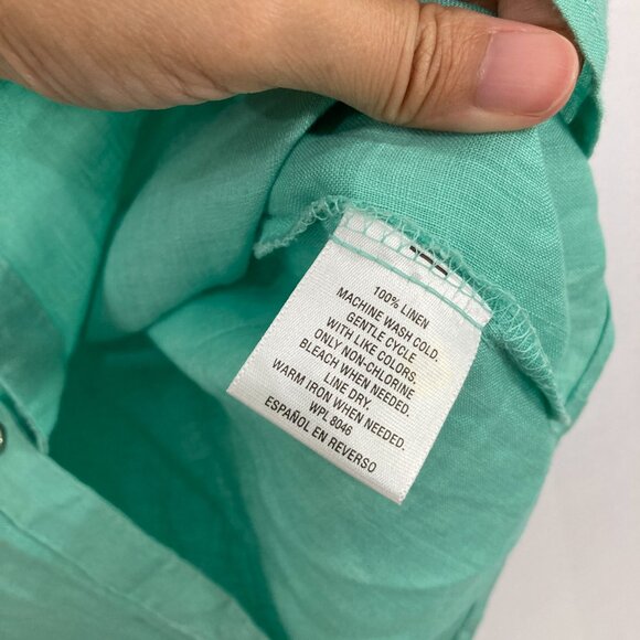 New JM Collection size 24W Green Split Neck Rolled Sleeve Pure Linen Button Down - Picture 6 of 8